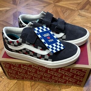 Vans Black and White Checkerboard Sneakers with Red Hearts